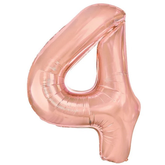 Balon din Folie Metalizata Klevo, Figurina Cifra, Tema Aniversare 40 cm, Ambalaj Individual, Pai inclus, Umflare cu Aer sau Heliu, Rose Gold, Cifra 4