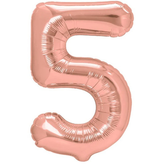Balon din Folie Metalizata Klevo, Figurina Cifra, Tema Aniversare 40 cm, Ambalaj Individual, Pai inclus, Umflare cu Aer sau Heliu, Rose Gold, Cifra 5