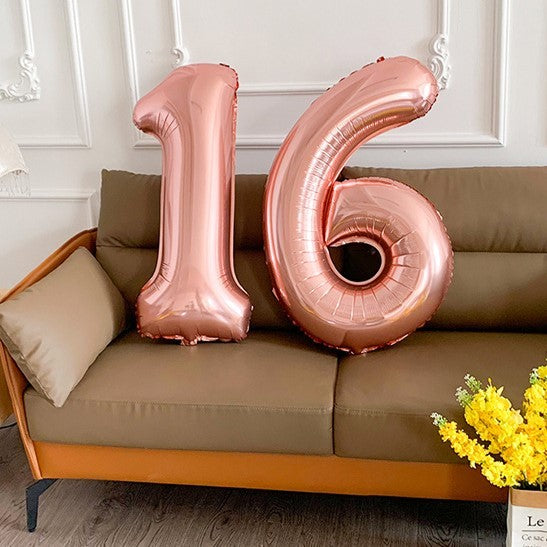 Balon din Folie Metalizata Klevo, Figurina Cifra, Tema Aniversare 40 cm, Ambalaj Individual, Pai inclus, Umflare cu Aer sau Heliu, Roz Gold, Cifra 6