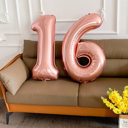 Balon din Folie Metalizata Klevo, Figurina Cifra, Tema Aniversare 40 cm, Ambalaj Individual, Pai inclus, Umflare cu Aer sau Heliu, Roz Gold, Cifra 6