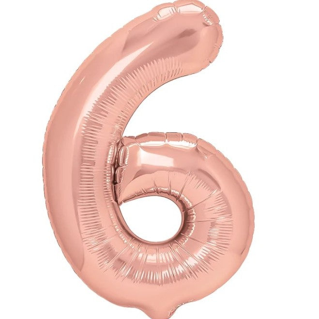 Balon din Folie Metalizata Klevo, Figurina Cifra, Tema Aniversare 40 cm, Ambalaj Individual, Pai inclus, Umflare cu Aer sau Heliu, Roz Gold, Cifra 6