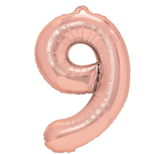 Balon din Folie Metalizata Klevo, Figurina Cifra, Tema Aniversare 40 cm, Ambalaj Individual, Pai inclus, Umflare cu Aer sau Heliu, Rose Gold, Cifra 9