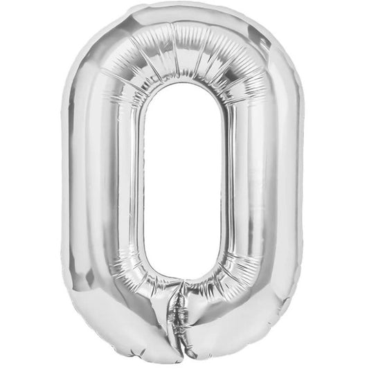 Balon din Folie Metalizata, Klevo, Figurina Cifra, Tema Aniversare 40 cm, Ambalaj Individual, Pai inclus, Umflare cu Aer sau Heliu, Argintiu, Cifra 0