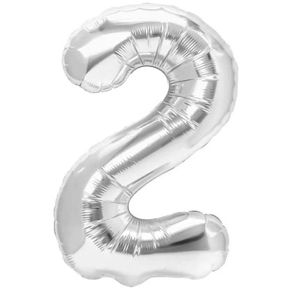 Balon din Folie Metalizata, Klevo, Figurina Cifra, Tema Aniversare 40 cm, Ambalaj Individual, Pai inclus, Umflare cu Aer sau Heliu, Argintiu, Cifra 2