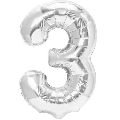 Balon din Folie Metalizata Klevo, Figurina Cifra, Tema Aniversare 40 cm, Ambalaj Individual, Pai inclus, Umflare cu Aer sau Heliu, Argintiu, Cifra 3