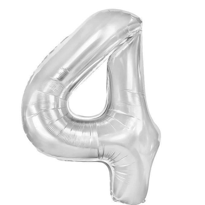 Balon din Folie Metalizata, Klevo, Figurina Cifra, Tema Aniversare 40 cm, Ambalaj Individual, Pai inclus, Umflare cu Aer sau Heliu, Argintiu, Cifra 4