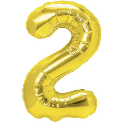 Balon din Folie Metalizata Klevo, Figurina Cifra, Tema Aniversare 40 cm, Ambalaj Individual, Pai inclus, Umflare cu Aer sau Heliu, Auriu, Cifra 2