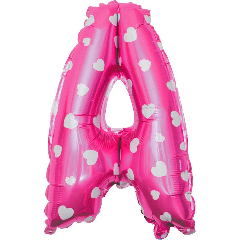 Balon Folie Metalizata Litera A, Klevo, 40 cm, Cu Imprimeu Inimioare, Umflati cu Heliu sau Aer, Ambalaj Individual, Pai inclus, Roz