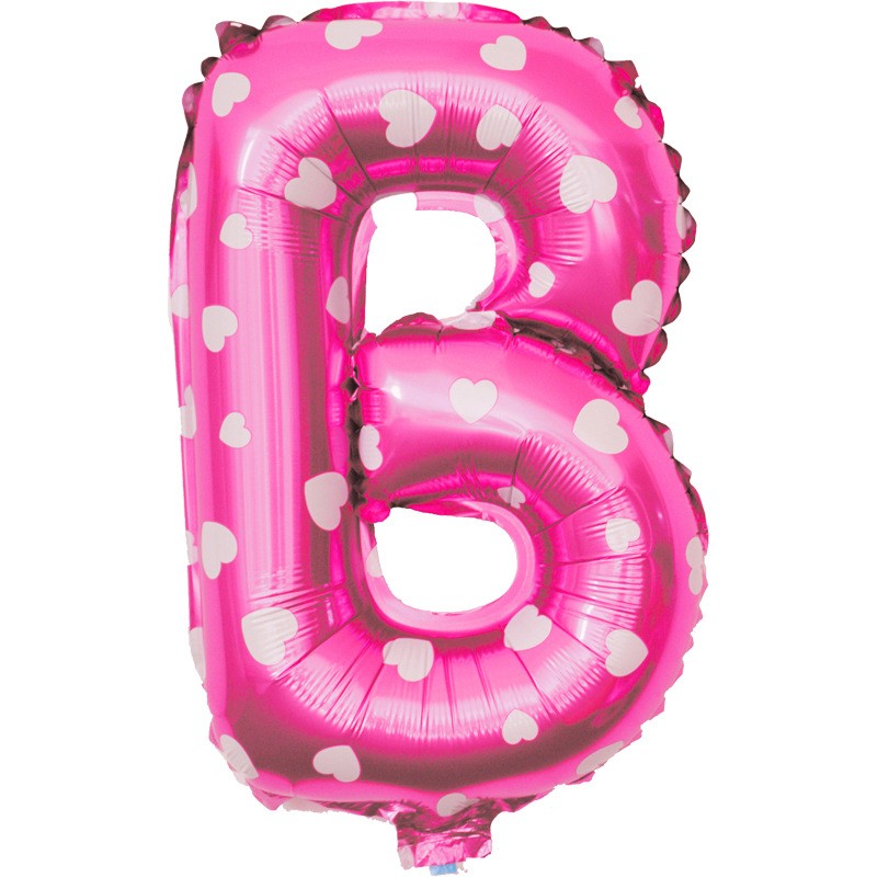 Balon Folie Metalizata Litera B, Klevo, 40 cm, Cu Imprimeu Inimioare, Umflati cu Heliu sau Aer, Ambalaj Individual, Pai inclus, Roz