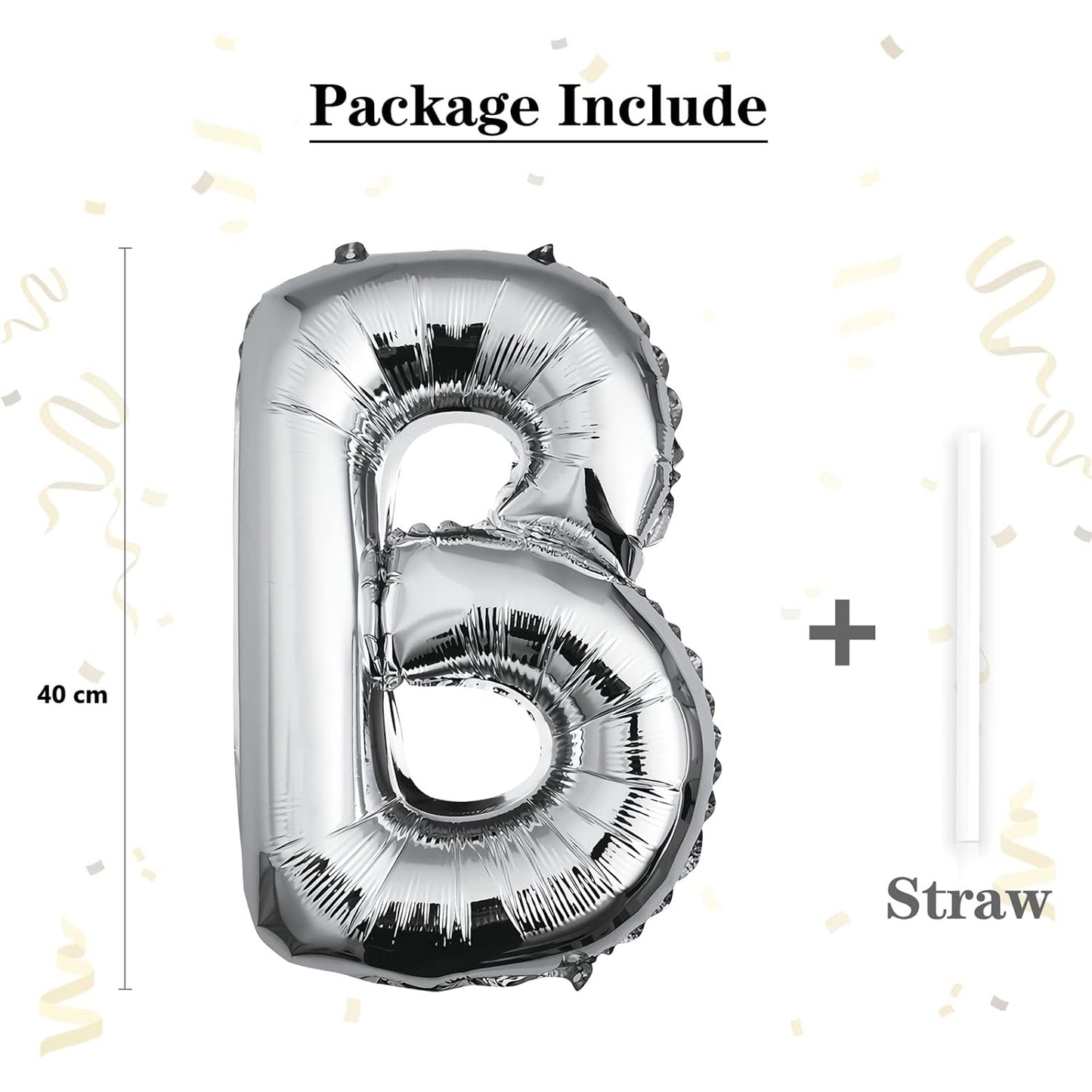 Balon Folie Metalizata Litera B, Klevo, 40 cm, Umflati cu Heliu sau Aer, Ambalaj Individual, Pai inclus, Argintiu
