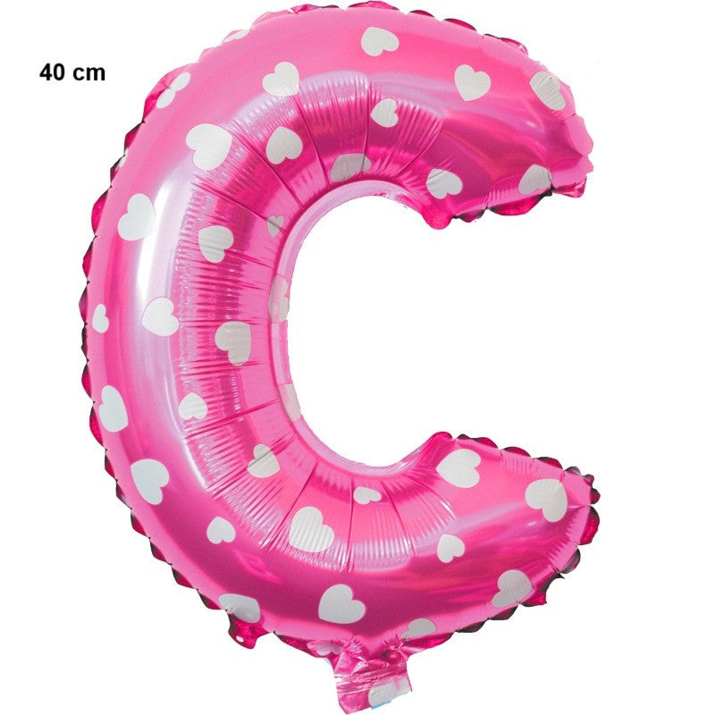 Balon Folie Metalizata Litera C, Klevo, 40 cm, Cu Imprimeu Inimioare, Umflati cu Heliu sau Aer, Ambalaj Individual, Pai inclus, Roz