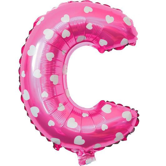 Balon Folie Metalizata Litera C, Klevo, 40 cm, Cu Imprimeu Inimioare, Umflati cu Heliu sau Aer, Ambalaj Individual, Pai inclus, Roz