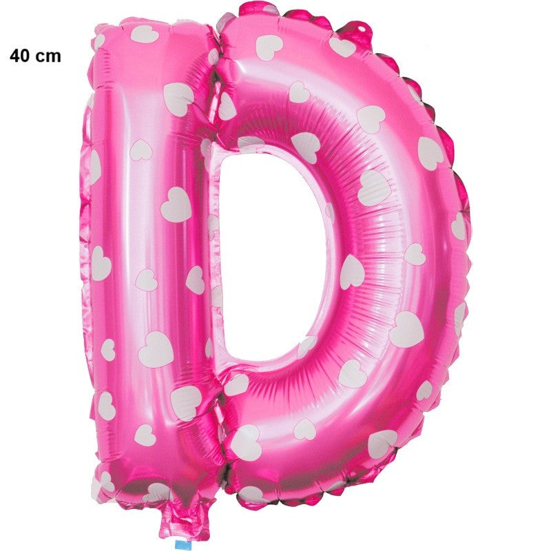 Balon Folie Metalizata Litera D, Klevo, 40 cm, Cu Imprimeu Inimioare, Umflati cu Heliu sau Aer, Ambalaj Individual, Pai inclus, Roz