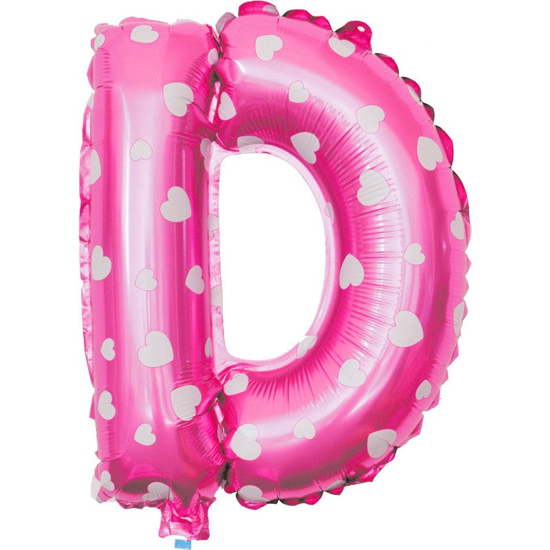 Balon Folie Metalizata Litera D, Klevo, 40 cm, Cu Imprimeu Inimioare, Umflati cu Heliu sau Aer, Ambalaj Individual, Pai inclus, Roz