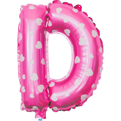 Balon Folie Metalizata Litera D, Klevo, 40 cm, Cu Imprimeu Inimioare, Umflati cu Heliu sau Aer, Ambalaj Individual, Pai inclus, Roz