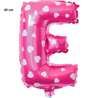 Balon Folie Metalizata Litera E, Klevo, 40 cm, Cu Imprimeu Inimioare, Umflati cu Heliu sau Aer, Ambalaj Individual, Pai inclus, Roz