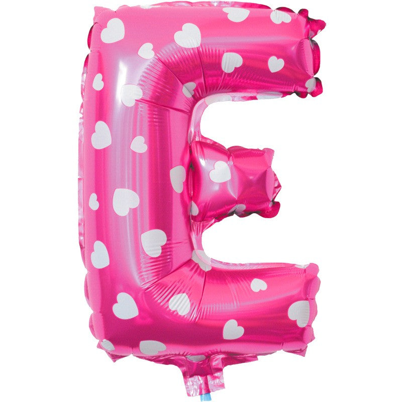 Balon Folie Metalizata Litera E, Klevo, 40 cm, Cu Imprimeu Inimioare, Umflati cu Heliu sau Aer, Ambalaj Individual, Pai inclus, Roz