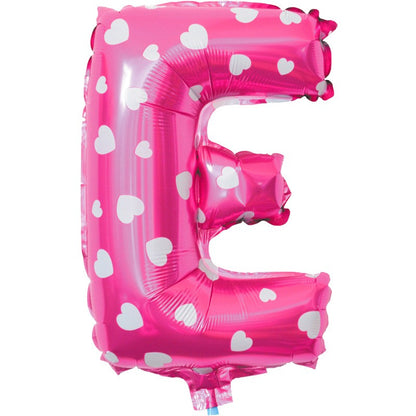 Balon Folie Metalizata Litera E, Klevo, 40 cm, Cu Imprimeu Inimioare, Umflati cu Heliu sau Aer, Ambalaj Individual, Pai inclus, Roz