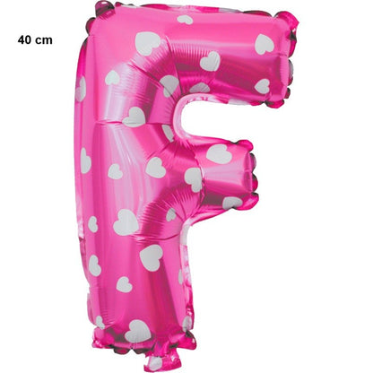 Balon Folie Metalizata Litera F, Klevo, 40 cm, Cu Imprimeu Inimioare, Umflati cu Heliu sau Aer, Ambalaj Individual, Pai inclus, Roz