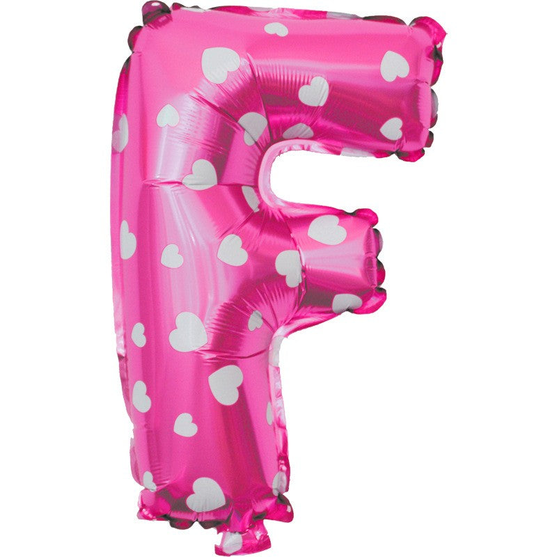 Balon Folie Metalizata Litera F, Klevo, 40 cm, Cu Imprimeu Inimioare, Umflati cu Heliu sau Aer, Ambalaj Individual, Pai inclus, Roz