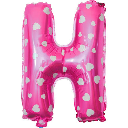 Balon Folie Metalizata Litera H, Klevo, 40 cm, Cu Imprimeu Inimioare, Umflati cu Heliu sau Aer, Ambalaj Individual, Pai inclus, Roz