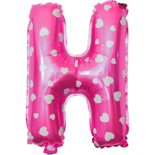 Balon Folie Metalizata Litera H, Klevo, 40 cm, Cu Imprimeu Inimioare, Umflati cu Heliu sau Aer, Ambalaj Individual, Pai inclus, Roz