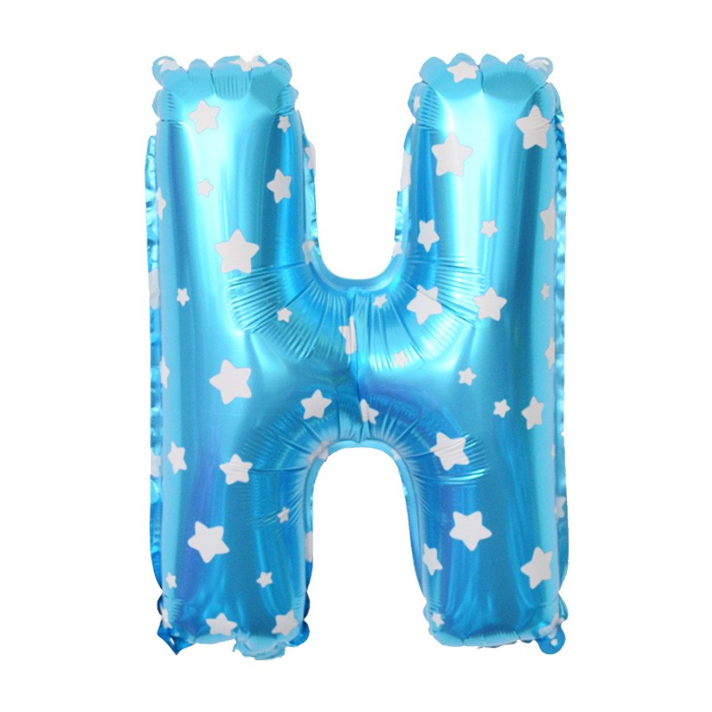 Balon Folie Metalizata Litera H, Klevo, 40 cm, Cu Imprimeu Stelute, Umflati cu Heliu sau Aer, Ambalaj Individual, Pai inclus, Albastru