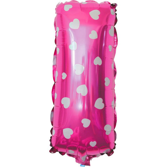 Balon Folie Metalizata Litera I, Klevo, 40 cm, Cu Imprimeu Inimioare, Umflati cu Heliu sau Aer, Ambalaj Individual, Pai inclus, Roz