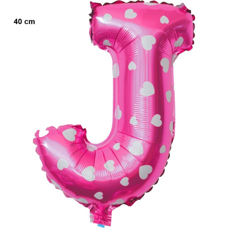 Balon Folie Metalizata Litera J, Klevo, 40 cm, Cu Imprimeu Inimioare, Umflati cu Heliu sau Aer, Ambalaj Individual, Pai inclus, Roz