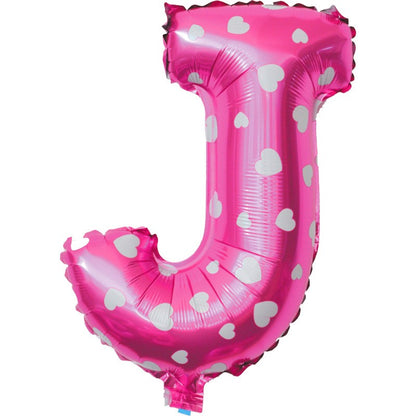 Balon Folie Metalizata Litera J, Klevo, 40 cm, Cu Imprimeu Inimioare, Umflati cu Heliu sau Aer, Ambalaj Individual, Pai inclus, Roz