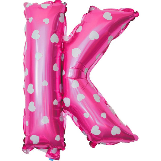 Balon Folie Metalizata Litera K, Klevo, 40 cm, Cu Imprimeu Inimioare, Umflati cu Heliu sau Aer, Ambalaj Individual, Pai inclus, Roz