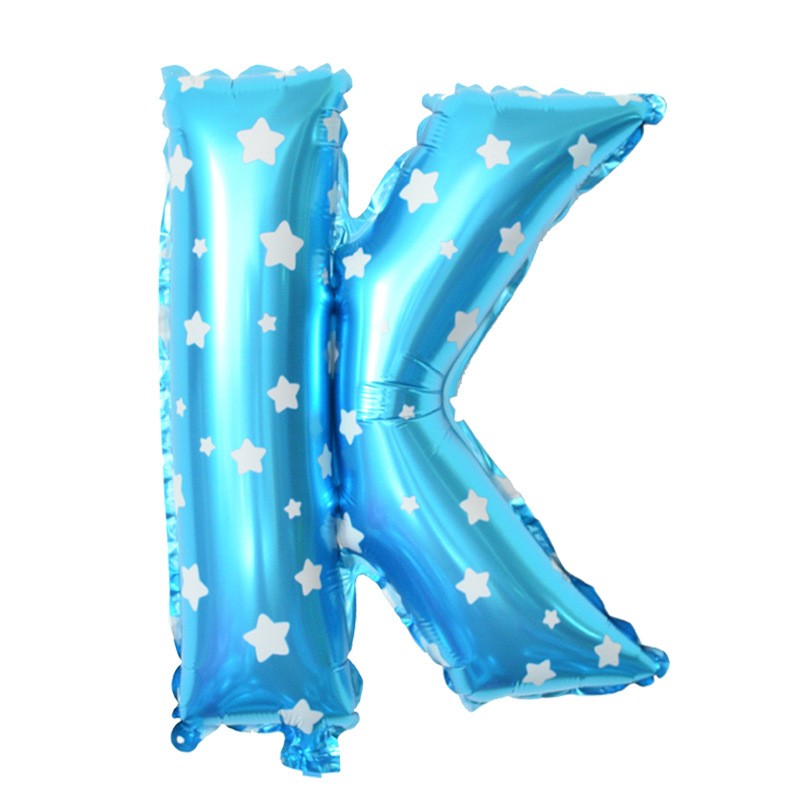 Balon Folie Metalizata Litera K, Klevo, 40 cm, Cu Imprimeu Stelute, Umflati cu Heliu sau Aer, Ambalaj Individual, Pai inclus, Albastru