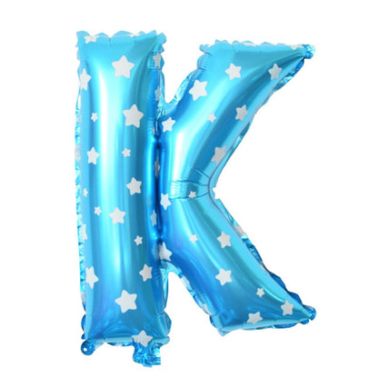 Balon Folie Metalizata Litera K, Klevo, 40 cm, Cu Imprimeu Stelute, Umflati cu Heliu sau Aer, Ambalaj Individual, Pai inclus, Albastru