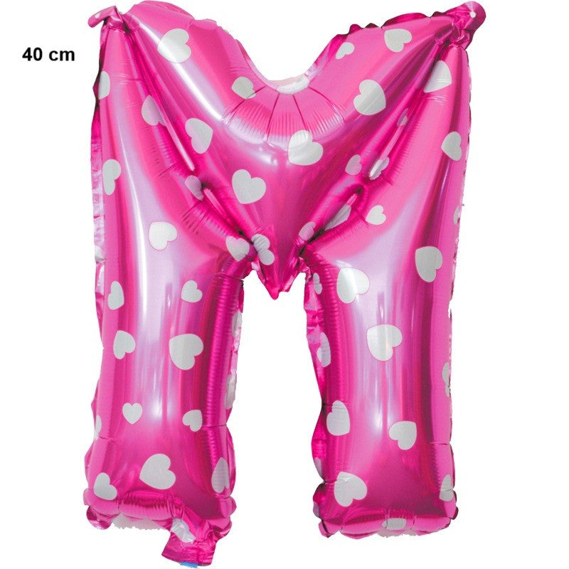Balon Folie Metalizata Litera M, Klevo, 40 cm, Cu Imprimeu Inimioare, Umflati cu Heliu sau Aer, Ambalaj Individual, Pai inclus, Roz