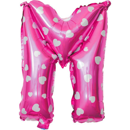 Balon Folie Metalizata Litera M, Klevo, 40 cm, Cu Imprimeu Inimioare, Umflati cu Heliu sau Aer, Ambalaj Individual, Pai inclus, Roz
