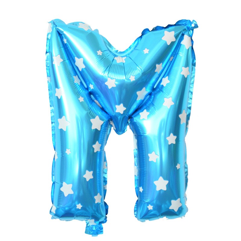 Balon Folie Metalizata Litera M, Klevo, 40 cm, Cu Imprimeu Stelute, Umflati cu Heliu sau Aer, Ambalaj Individual, Pai inclus, Albastru