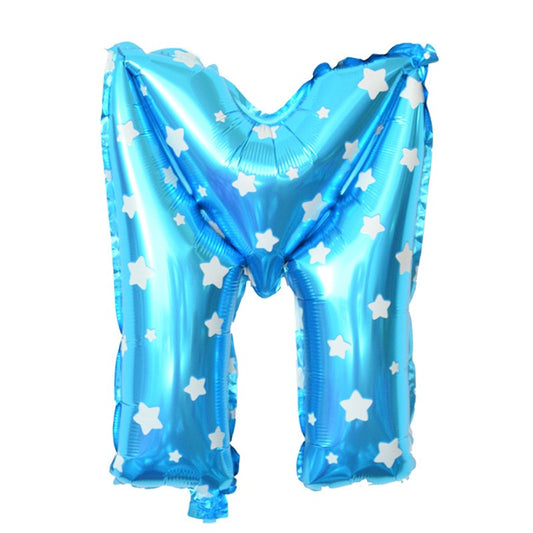 Balon Folie Metalizata Litera M, Klevo, 40 cm, Cu Imprimeu Stelute, Umflati cu Heliu sau Aer, Ambalaj Individual, Pai inclus, Albastru