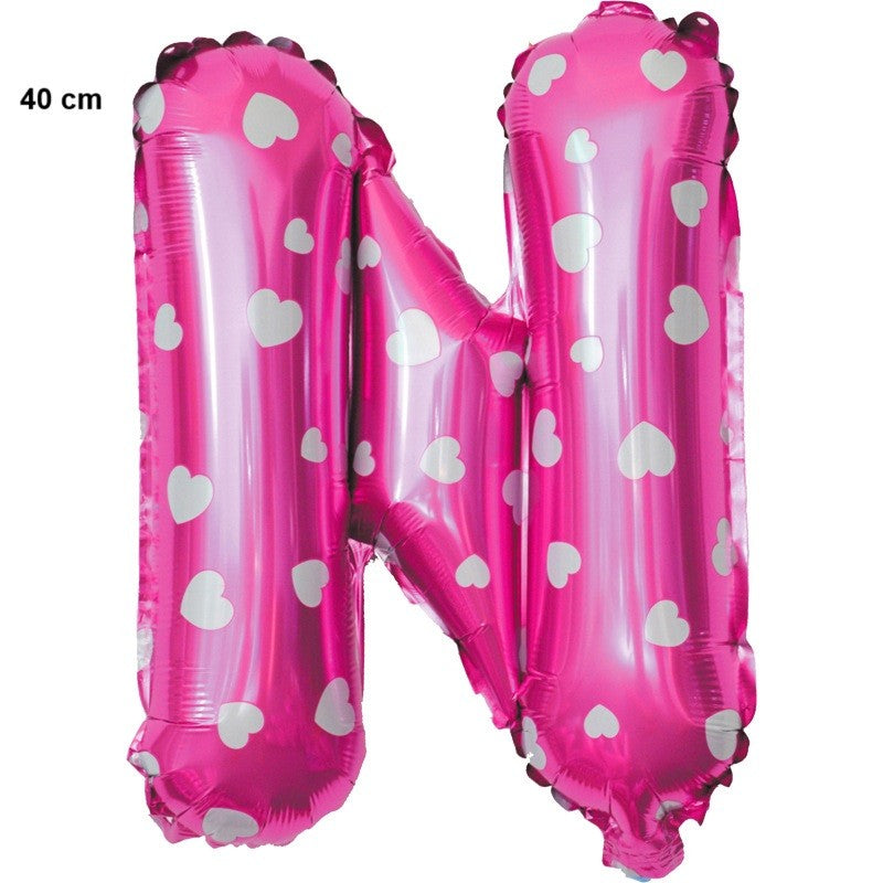 Balon Folie Metalizata Litera N, Klevo, 40 cm, Cu Imprimeu Inimioare, Umflati cu Heliu sau Aer, Ambalaj Individual, Pai inclus, Roz