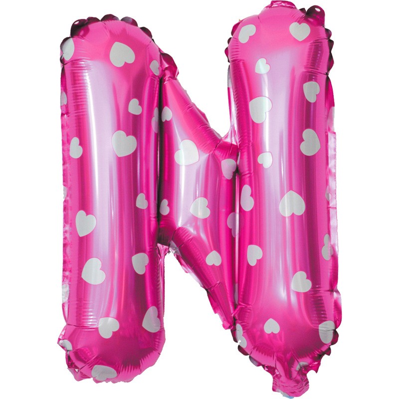 Balon Folie Metalizata Litera N, Klevo, 40 cm, Cu Imprimeu Inimioare, Umflati cu Heliu sau Aer, Ambalaj Individual, Pai inclus, Roz