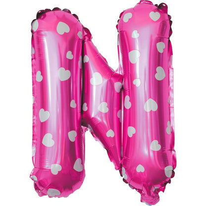 Balon Folie Metalizata Litera N, Klevo, 40 cm, Cu Imprimeu Inimioare, Umflati cu Heliu sau Aer, Ambalaj Individual, Pai inclus, Roz
