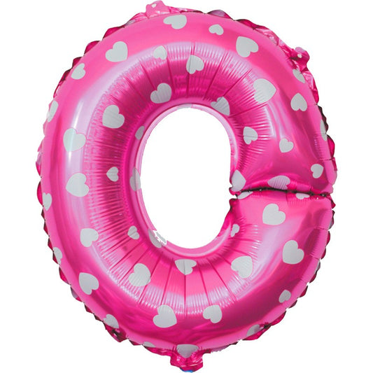 Balon Folie Metalizata Litera O, Klevo, 40 cm, Cu Imprimeu Inimioare, Umflati cu Heliu sau Aer, Ambalaj Individual, Pai inclus, Roz