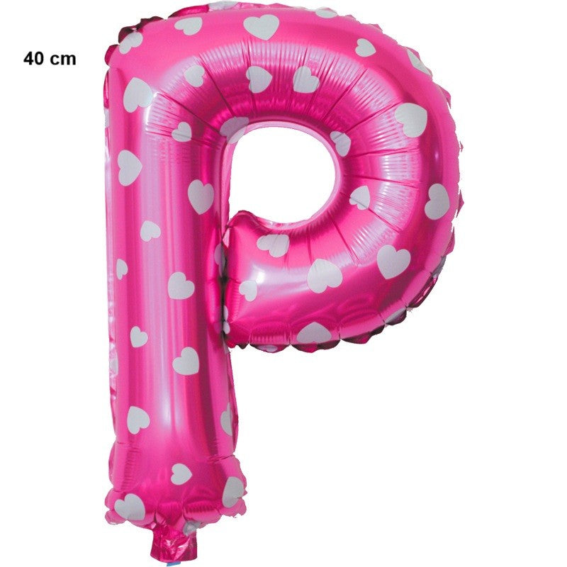 Balon Folie Metalizata Litera P, Klevo, 40 cm, Cu Imprimeu Inimioare, Umflati cu Heliu sau Aer, Ambalaj Individual, Pai inclus, Roz