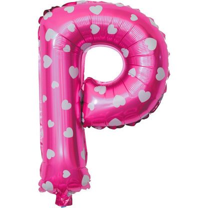 Balon Folie Metalizata Litera P, Klevo, 40 cm, Cu Imprimeu Inimioare, Umflati cu Heliu sau Aer, Ambalaj Individual, Pai inclus, Roz