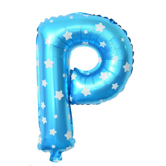 Balon Folie Metalizata Litera P, Klevo, 40 cm, Cu Imprimeu Stelute, Umflati cu Heliu sau Aer, Ambalaj Individual, Pai inclus, Albastru