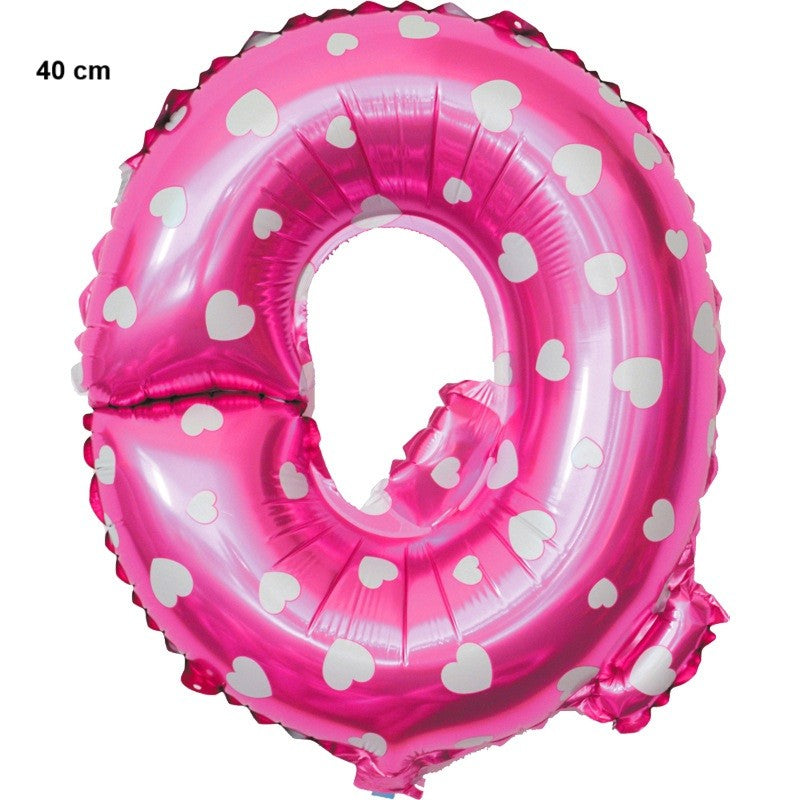 Balon Folie Metalizata Litera Q, Klevo, 40 cm, Cu Imprimeu Inimioare, Umflati cu Heliu sau Aer, Ambalaj Individual, Pai inclus, Roz