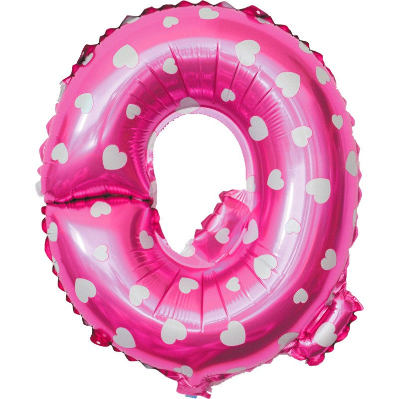 Balon Folie Metalizata Litera Q, Klevo, 40 cm, Cu Imprimeu Inimioare, Umflati cu Heliu sau Aer, Ambalaj Individual, Pai inclus, Roz