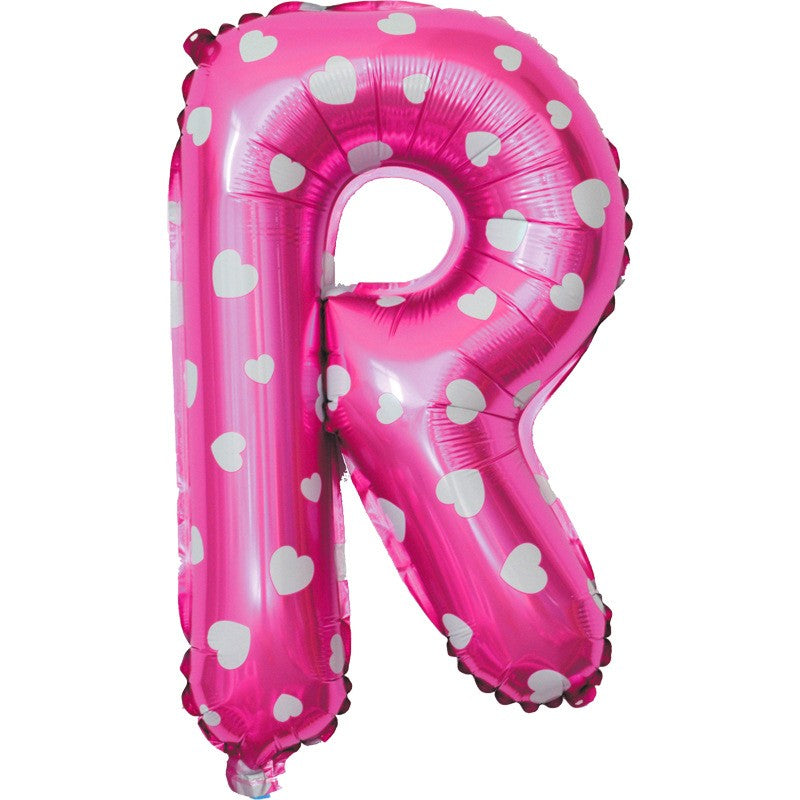Balon Folie Metalizata Litera R, Klevo, 40 cm, Cu Imprimeu Inimioare, Umflati cu Heliu sau Aer, Ambalaj Individual, Pai inclus, Roz
