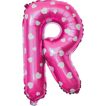 Balon Folie Metalizata Litera R, Klevo, 40 cm, Cu Imprimeu Inimioare, Umflati cu Heliu sau Aer, Ambalaj Individual, Pai inclus, Roz