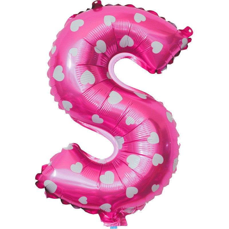 Balon Folie Metalizata Litera S, Klevo, 40 cm, Cu Imprimeu Inimioare, Umflati cu Heliu sau Aer, Ambalaj Individual, Pai inclus, Roz