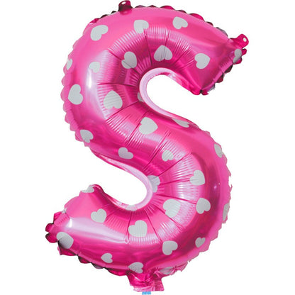 Balon Folie Metalizata Litera S, Klevo, 40 cm, Cu Imprimeu Inimioare, Umflati cu Heliu sau Aer, Ambalaj Individual, Pai inclus, Roz